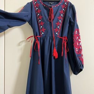 Embroidered Navy Blue Midi Dress. Puff sleeve. Used